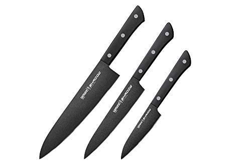 Samura Shadow Küchenmesser für Anfänger, 3-teiliges Messerset mit 15 cm Universalmesser, 9 cm Gemüsemesser and 21 cm Kochmesser. Hergestellt aus echtem japanischem Stahl mit Anti-Rutsch- Beschichtung! Samura Shadow Küchenmesser für Anfänger, 3-teiliges Messerset mit 15 cm Universalmesser, 9 cm Gemüsemesser and 21 cm Kochmesser. Hergestellt aus echtem japanischem Stahl mit Anti-Rutsch- Beschichtung! von SAMURA
