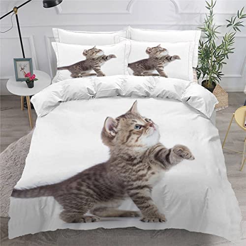 Kinderbettwäsche 135x200 Jungen Mädchen, Sommerbettwäsche Set Lustige Katze Hebt Die Pfote Mikrofaser/Allergiker-Bettwäsche 3 Stück Weiß Bettbezug Set mit 2 Kissenbezüge 80 x80 von SAMUTO