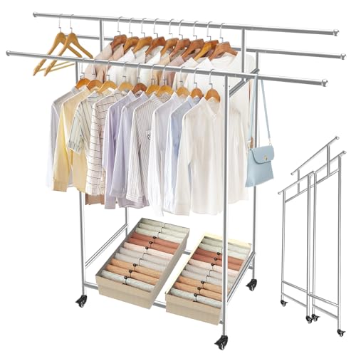 SAN LIKE Kleiderständer auf Rollen, Ausziehbare Kleiderstange mit 3 Kleiderstangen und Ablage, Garderobenständer aus Stahlrohren, multifunktionale Aufbewahrung Garderobenständer für Schlafzimmer SAN LIKE Kleiderständer auf Rollen, Ausziehbare Kleiderstange mit 3 Kleiderstangen und Ablage, Garderobenständer aus Stahlrohren, multifunktionale Aufbewahrung Garderobenständer für Schlafzimmer von SAN LIKE