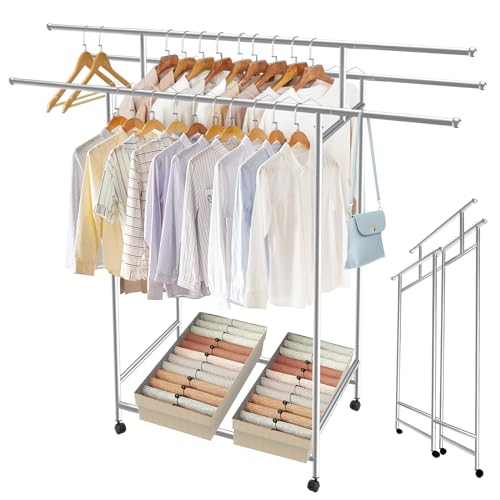 SAN LIKE Kleiderständer mit Rollen, Offener Garderobenständer Stabil Kleiderstange Ausziehbar, Clothes rail coat rack, Garderobenstange Kleiderstange aus Metall mit unterem Gestell für Mäntel, Röcke von SAN LIKE