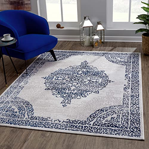 SANAT Evra Teppich für das Wohnzimmer - Kurzflorteppich mit traditionellem Design - geeignet für Wohnzimmer, Flure, Korridore, Esszimmer, Schlafzimmer und Küche - Grau Blau, 160 x 220 cm von SANAT