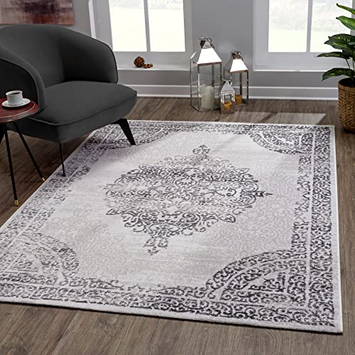 SANAT Evra Teppich für das Wohnzimmer - Kurzflorteppich mit traditionellem Design - geeignet für Wohnzimmer, Flure, Korridore, Esszimmer, Schlafzimmer und Küche - Hellgrau, 160 x 220 cm von SANAT