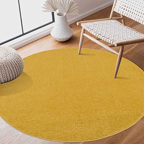 SANAT Kurzflor Teppich Wohnzimmer - Uni Modern Teppiche fürs Schlafzimmer, Arbeitszimmer, Büro, Flur, Kinderzimmer und Küche - Gelb, 150 cm Rund von SANAT