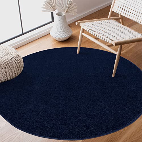 SANAT Kurzflor Teppich Wohnzimmer - Uni Modern Teppiche fürs Schlafzimmer, Arbeitszimmer, Büro, Flur, Kinderzimmer und Küche - Marine, 80 cm Rund von SANAT