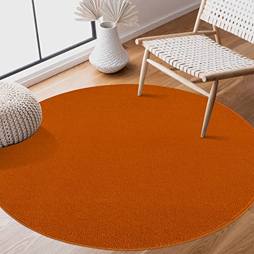 SANAT Kurzflor Teppich Wohnzimmer - Uni Modern Teppiche fürs Schlafzimmer, Arbeitszimmer, Büro, Flur, Kinderzimmer und Küche - Orange, 120 cm Rund von SANAT