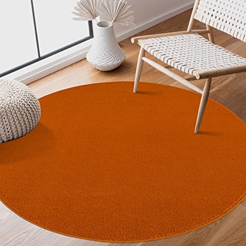 SANAT Kurzflor Teppich Wohnzimmer - Uni Modern Teppiche fürs Schlafzimmer, Arbeitszimmer, Büro, Flur, Kinderzimmer und Küche - Orange, 150 cm Rund von SANAT