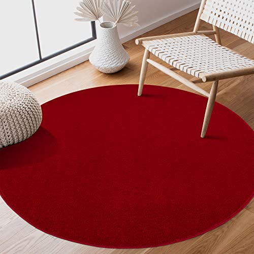 SANAT Kurzflor Teppich Wohnzimmer - Uni Modern Teppiche fürs Schlafzimmer, Arbeitszimmer, Büro, Flur, Kinderzimmer und Küche - Rot, 120 cm Rund von SANAT