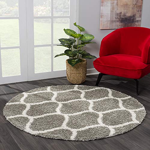 SANAT Madrid Shaggy Teppich Rund - Hochflor Teppiche für Wohnzimmer, Schlafzimmer, Küche - Morocco Grau, Größe: 80 cm von SANAT