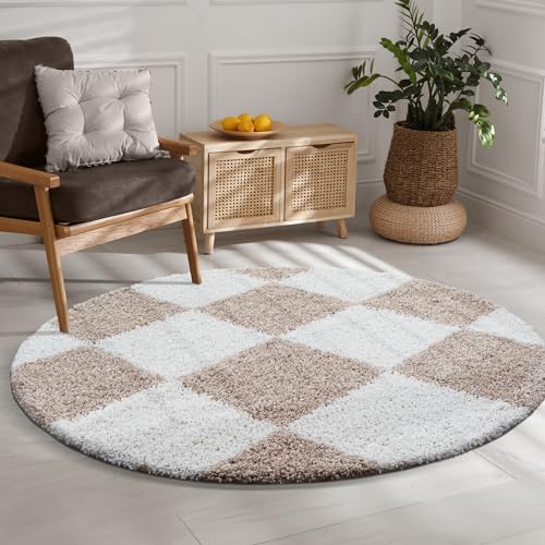 SANAT Milano Shaggy Teppich - Hochflor Teppiche für Wohnzimmer, Schlafzimmer, Küche - Beige Weiss, Größe: 120 cm Rund von SANAT