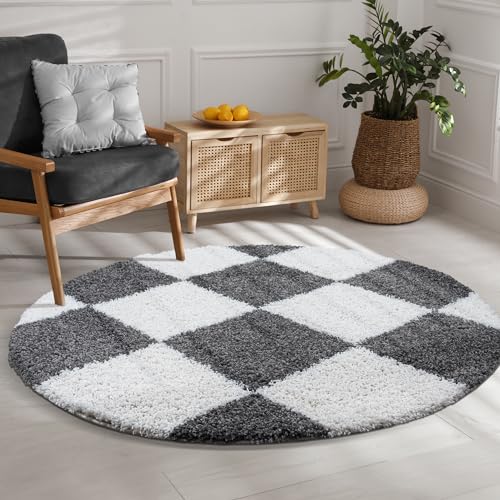 SANAT Milano Shaggy Teppich - Hochflor Teppiche für Wohnzimmer, Schlafzimmer, Küche - Grau Weiss, Größe: 120 cm Rund von SANAT