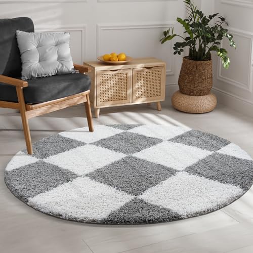 SANAT Milano Shaggy Teppich - Hochflor Teppiche für Wohnzimmer, Schlafzimmer, Küche - Hellgrau Weiss, Größe: 80 cm Rund von SANAT