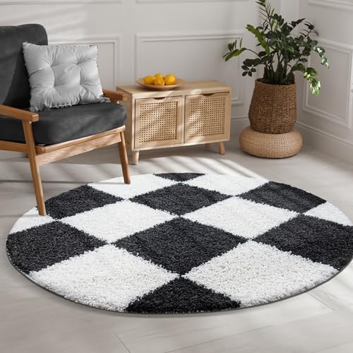 SANAT Milano Shaggy Teppich - Hochflor Teppiche für Wohnzimmer, Schlafzimmer, Küche - Schwarz Weiss, Größe: 150 cm Rund von SANAT