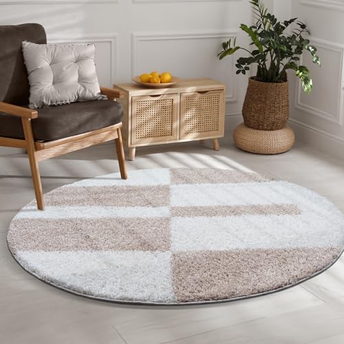 SANAT Milano Shaggy Teppich - Hochflor Teppiche für Wohnzimmer, Schlafzimmer, Küche - Weiss Beige, Größe: 120 cm Rund von SANAT