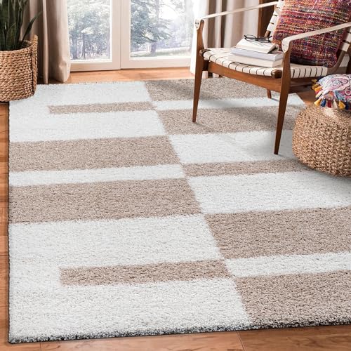 SANAT Milano Shaggy Teppich - Hochflor Teppiche für Wohnzimmer, Schlafzimmer, Küche - Weiss Beige, Größe: 120 x 170 cm von SANAT