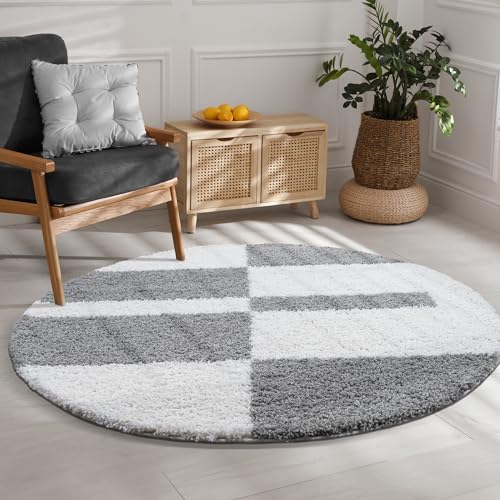 SANAT Milano Shaggy Teppich - Hochflor Teppiche für Wohnzimmer, Schlafzimmer, Küche - Weiss Hellgrau, Größe: 120 cm Rund von SANAT