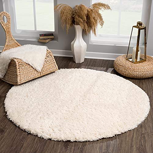 SANAT Porto Shaggy Wohnzimmer Teppich - Hochflor Zottel-Teppiche für Wohnzimmer, Schlafzimmer, Küche, Flure, Kinderzimmer - Leicht Zu Reinigen, Superweich, Modern Teppich Creme 120 cm Rund von SANAT