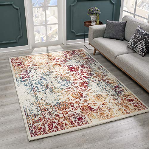 SANAT Teppich Vintage - Modern Teppiche für Wohnzimmer, Kurzflor Teppich in Rot/Gelb/Blau, Öko-Tex 100 Zertifiziert, Größe: 80x150 cm von SANAT