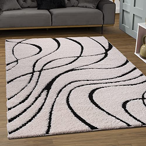 SANAT Wohnzimmer Teppich - Luxus Shaggy Nicht-schuppend Teppich, Wohnzimmer Schlafzimmer Esszimmer Eingangsbereich Teppiche, Schwarz Creme 140 x 200 cm von SANAT