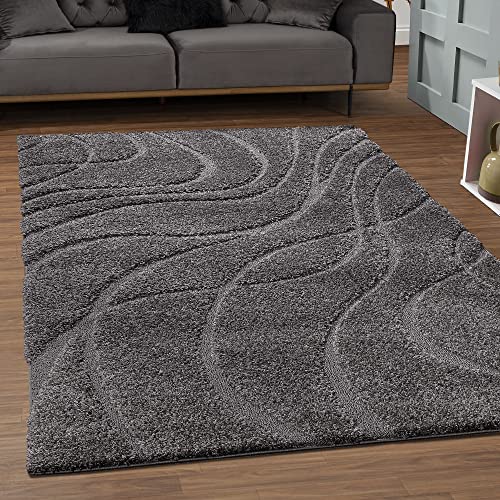 SANAT Wohnzimmer Teppich - Luxus Shaggy Nicht-schuppend Teppich, Wohnzimmer Schlafzimmer Esszimmer Eingangsbereich Teppiche, Welle Grau 120 cm Rund von SANAT