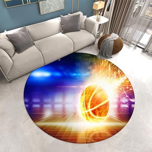 SANBEC 3D-Basketball mit Flamme, runder Teppich für Wohnzimmer, Zuhause, Bodenmatte, Schlafzimmer, Dekoration, Teppich, Badezimmer, Rutschfester Eingangstür-Teppich von SANBEC
