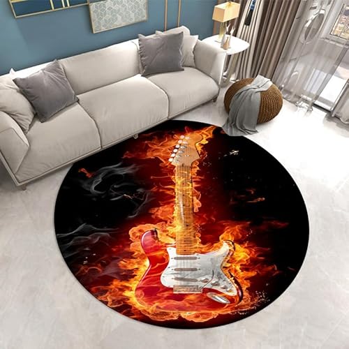 SANBEC 3D-Flamme und Gitarre, runder Teppich, Wohnzimmer, Schlafzimmer, Heimdekoration, Kissen, Hängekorb, Zimmer, Nachttisch, Anti-Rutsch-Matte von SANBEC