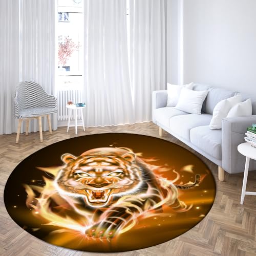 SANBEC 3D-Flammen-Tiger-Löwen-Rundteppich, geeignet für Jungen, Stuhlmatte, Kinderbodenteppich, Tatami-Matte, modische Wohnzimmer-Bodenmatte von SANBEC