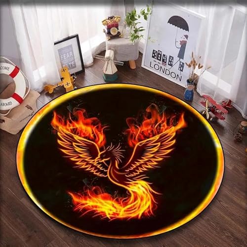 SANBEC 3D-Flammenkunst-Phoenix-Schlafzimmerteppich, Mädchenzimmer, Spiele, runder Teppich, dekorative rutschfeste Spielbodenmatte für Kinder von SANBEC