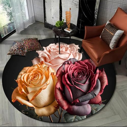 SANBEC 3D-Pflanze, Blume, Rose, runder Teppich, Wohnzimmer, Schlafzimmer, Küche, Eingangstür, Fußmatte, Flanell, rutschfest, Stuhlmatte, waschbar von SANBEC
