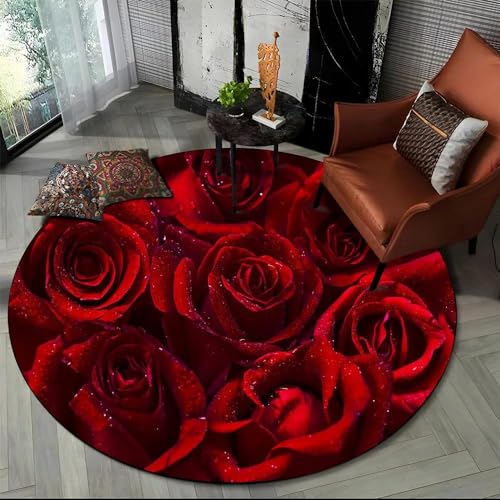 SANBEC 3D-Pflanze, Blumen, rote Rose, runder Teppich, Heimdekoration, Wohnzimmer, rutschfeste Bodenmatte, Kinderzimmer, Spiel, Krabbelmatte, Decke von SANBEC