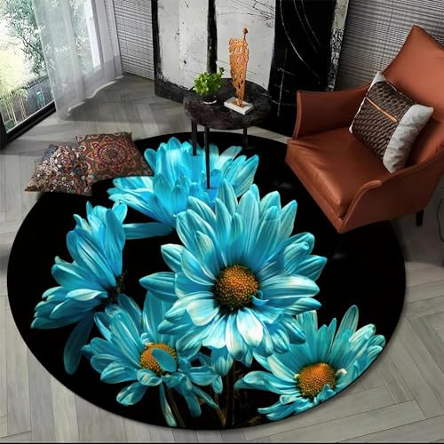 SANBEC 3D-Pflanzenblumen, blaues Gänseblümchen, runder Teppich, Kinder-Wohnzimmer-Bodenmatte, waschbare Bodenmatte, Yoga-Matte, Schlafzimmerstuhl, weiche Bodenmatte von SANBEC