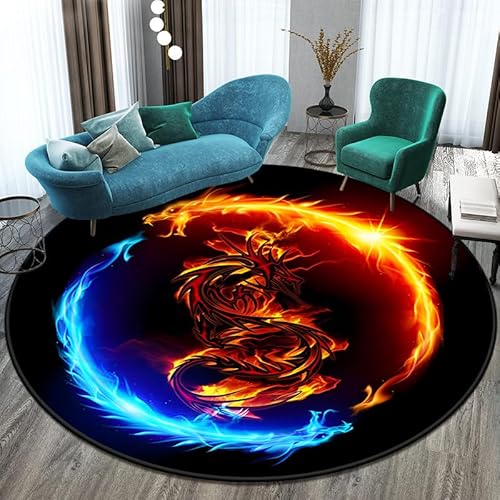 SANBEC 3D-Yin- und Yang-Feuerdrachen-Druck, runder Teppich, Wohnzimmer, Schlafzimmer, Heimdekoration, Kissen, Hängekorb, Zimmer, Nachttisch, Anti-Rutsch-Matte von SANBEC