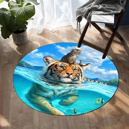 SANBEC 3D kreativer Tiger und Katze runder Teppich Wohnzimmer zu Hause Bodenmatte Schlafzimmer Dekoration Teppich Badezimmer Anti-Rutsch-Eingangstür Teppich von SANBEC