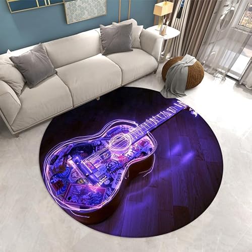 SANBEC 3D leuchtende Kunst Gitarre runder Teppich Wohnzimmer Schlafzimmer Teppich Heimtextilien Kissen Hängekorb Zimmer Nachttisch Anti-Rutsch-Matte von SANBEC