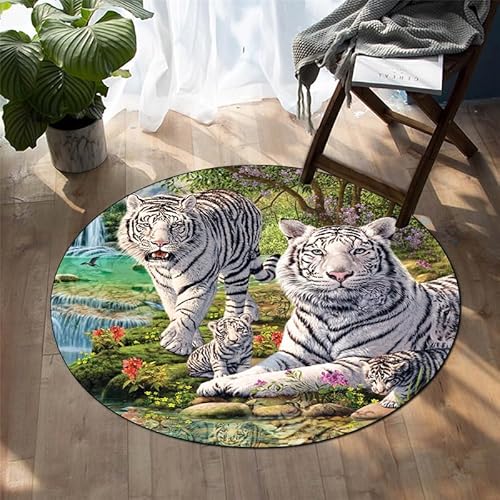 SANBEC 3D weißer Tiertiger runder Teppich Wohnzimmer Home Bodenmatte Schlafzimmer Dekoration Teppich Badezimmer Anti-Rutsch-Eingangstür Teppich von SANBEC