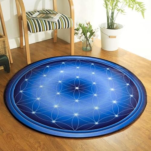 SANBEC Blaue Blume des Lebens, runder Teppich, geeignet für Jungen, Stuhlmatte, Kinderbodenteppich, Tatami-Matte, modische Wohnzimmer-Bodenmatte von SANBEC