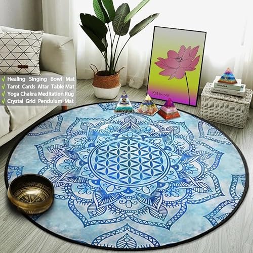 SANBEC Blaue Mandala-Blume des Lebens, runder Teppich, Wohnzimmer, Schlafzimmer, Heimdekoration, Kissen, Hängekorb, Zimmer, Nachttisch, Anti-Rutsch-Matte von SANBEC