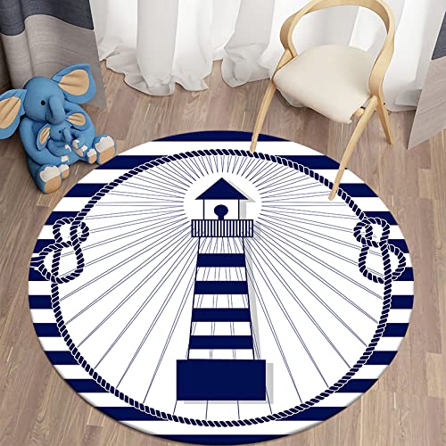 SANBEC Blauer Leuchtturm-Druck, runder Teppich, Wohnzimmer, Garderobe, Bereich, Teppich, Kinderzimmer, Dekoration, rutschfeste Stuhlmatte, Fußmatte von SANBEC