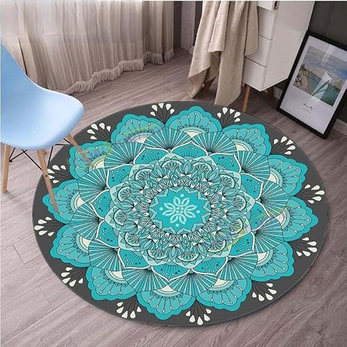 SANBEC Blauer Mandala-Lotus-Rundteppich, Wohnzimmerteppich, Camping-Picknickmatte, Wohnzimmer, rutschfeste Yogamatte, Kinderspielmatte von SANBEC