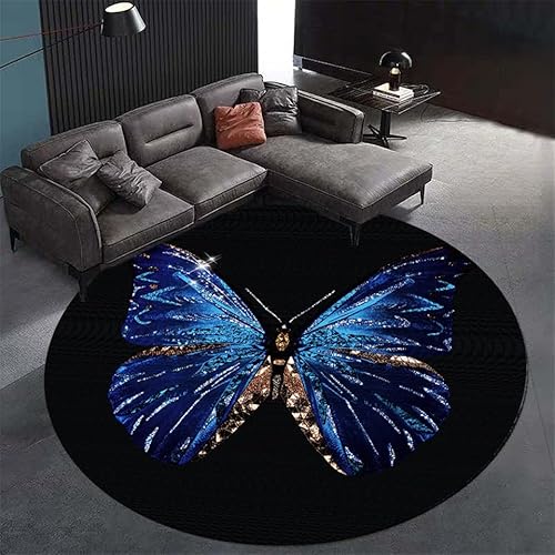 SANBEC Blauer Schmetterlingsdruck, Wohnzimmer, dekorativer Teppich, runder Teppich, Schlafzimmer, Zuhause, Stuhl, Bodenmatte, großer Bereich, Rutschfester Teppich von SANBEC