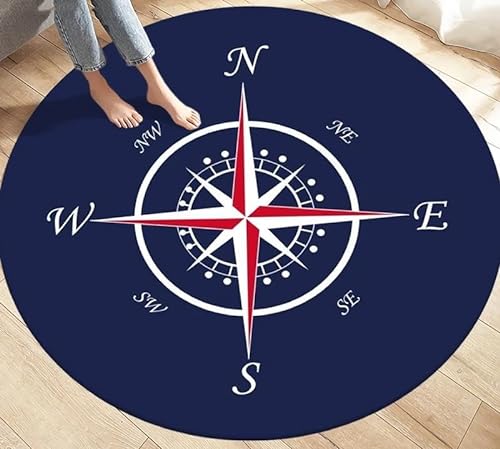 SANBEC Blauer nautischer Kompass, runder Teppich, Wohnzimmer-Bodenmatte, Schlafzimmer, Badezimmer, Bodenmatte für Kinder, Heimdekoration, rutschfeste Fußmatte von SANBEC