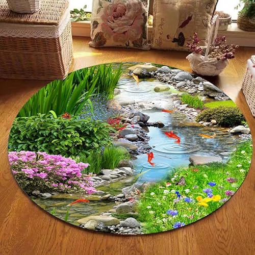 SANBEC Blumenwasserfall natürliche Landschaft runder Teppich Wohnzimmer Schlafzimmer Dekoration lässiger Teppich rutschfeste Bodenmatte Wohnzimmer Kinderspielmatte von SANBEC