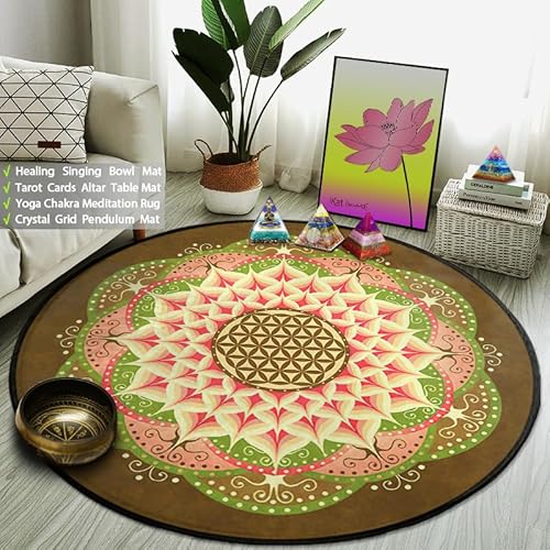 SANBEC Bunte Mandala-Blume des Lebens, runder Teppich, Wohnzimmerteppich, Camping-Picknickmatte, Wohnzimmer, rutschfeste Yogamatte, Kinderspielmatte von SANBEC