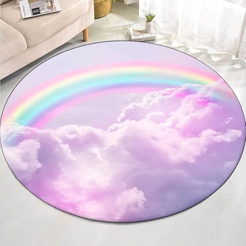 SANBEC Bunter Wolken-Regenbogen-Druck runder Teppich Kinder-Wohnzimmer-Bodenmatte waschbare Bodenmatte Yoga-Matte Schlafzimmerstuhl weiche Bodenmatte von SANBEC