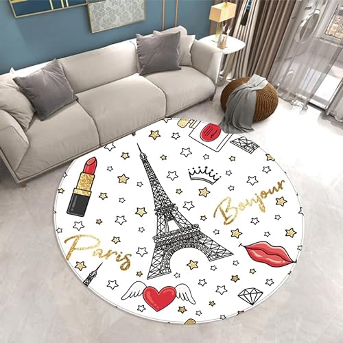 SANBEC Cartoon Eiffelturm runder Teppich Schlafzimmer Wohnzimmer Dekoration Teppich Rutschfester Teppich Computerstuhl Matte Yoga-Matte von SANBEC