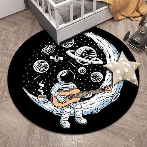 SANBEC Cartoon-Weltraum-Astronauten-Gitarre, runder Teppich, Wohnzimmer, Garderobe, Bereich, Teppich, Kinderzimmer, Dekoration, rutschfeste Stuhlmatte, Fußmatte von SANBEC