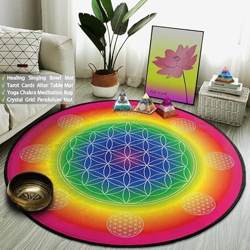 SANBEC Farbverlauf Regenbogen Blume des Lebens runder Teppich Kinder Wohnzimmer Bodenmatte Yoga Matte Schlafzimmer Stuhl rutschfeste Matte Dekoration Geschenk von SANBEC