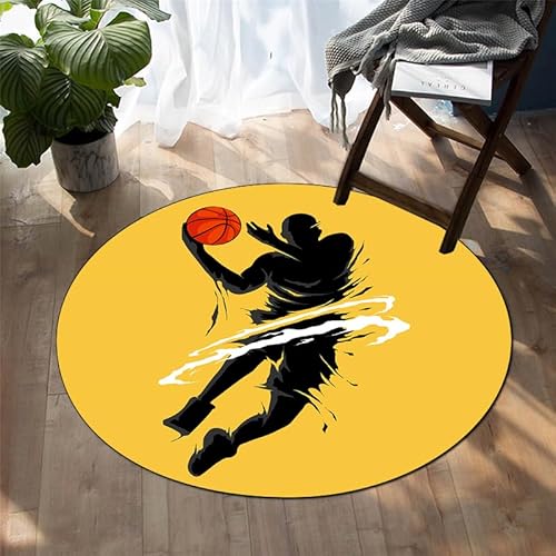 SANBEC Gelbe Slam Dunk Silhouette bedruckter runder Teppich Wohnzimmer Bodenmatte Schlafzimmer Badezimmer Bodenmatte Kinderheimdekoration Anti-Rutsch-Fußmatte von SANBEC