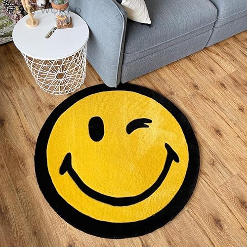SANBEC Gelber Smiley-Gesicht bedruckter runder Teppich, Schlafzimmer, Kommode, Computerstuhl, Rutschfester Freizeitteppich, Heimbalkon, Sofa-Teppich von SANBEC