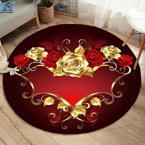 SANBEC Gold Rose Blumendruck Schlafzimmerteppich Mädchenzimmer Spiele Runder Teppich Kinder dekorative rutschfeste Spielbodenmatte von SANBEC