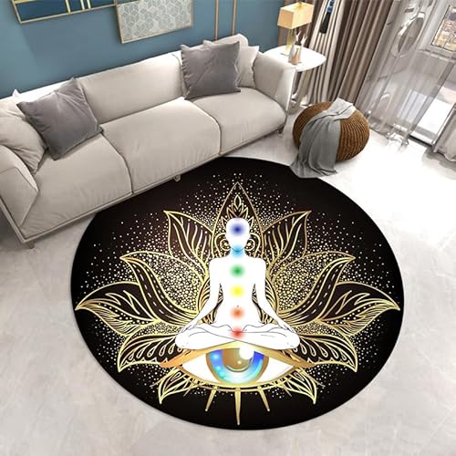 SANBEC Golden Lotus Meditation Yoga Runder Teppich Weiche Stuhlmatte rutschfeste Badezimmer-Bodenmatte Kinderzimmerteppich Fußmatte Bereichsteppich von SANBEC